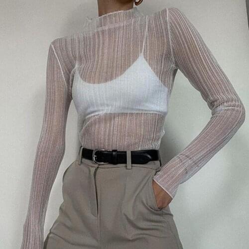 Y2K Aesthetic Mesh Sheer See Through T-shirt Women Long Sleeve Slim Fit Pullover Top Blouse Spring Autumn E-Girls Streetwear