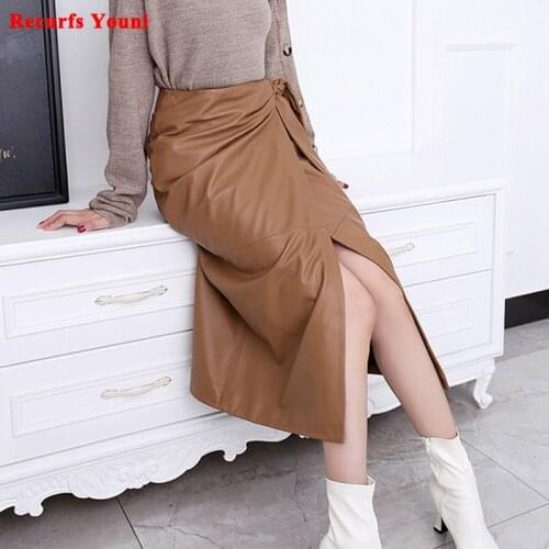 Leather Wrap Skirt Women 2021 Spring Female European Real Soft Lambskin 80 cm Long Jupe Cute Bunny Ear Lace Split Chic Saias