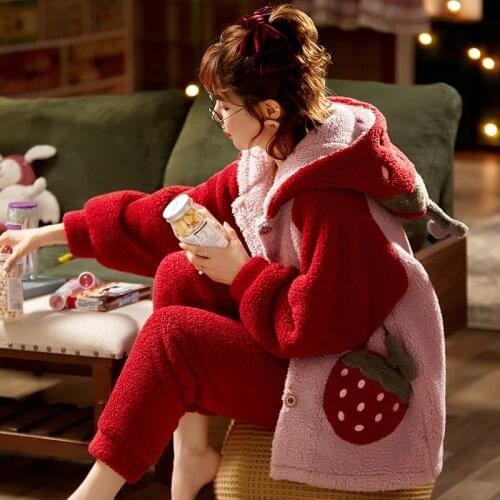 Women Sleepwear High Quality Sherpa Winter Pajamas Coral Fleece Hooded Pajama Set Inspissate Plus Size Cartoon Nightgown Retro