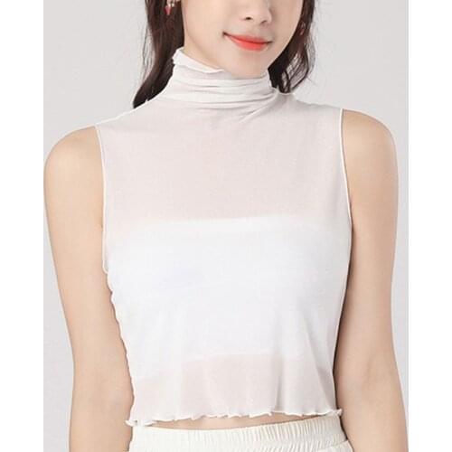 Korean Women Girls Pleated Turtleneck False Collar Pullover Vest Style Crop Top Sheer Mesh Ruffles Decorative Thin Half-Shirt
