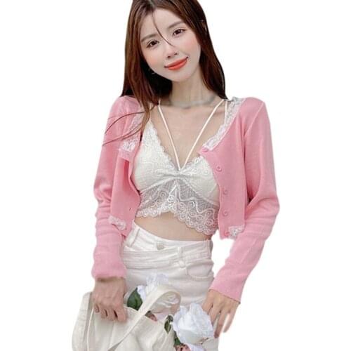 Women O-Neck Lace Stitching Slim Casual Sweet Navel Exposed Long Sleeve Knitted Cardigan Tops