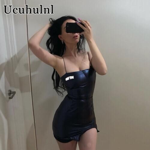 Autumn 2019 New Womens Clothing Sexy PU Leather Reflective Letters Bronzing Sling Split Dress High Waist Party Dress