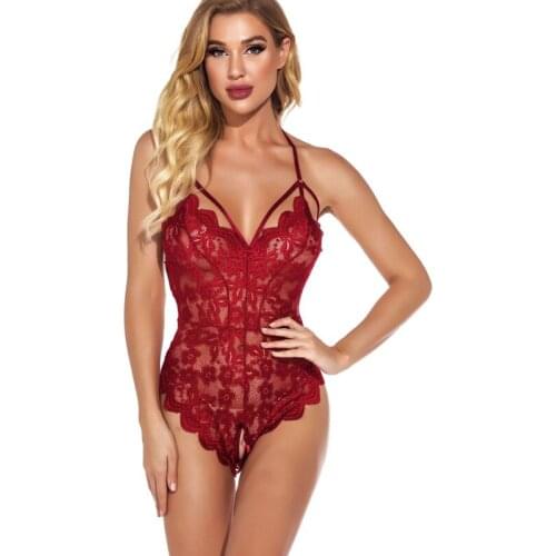 Women Ladies Sexy Solid Lingerie Bodysuits Lace Mesh Hot Open Crotch Underwear Backless Lure pajamas Slim V-Neck Female Erotic