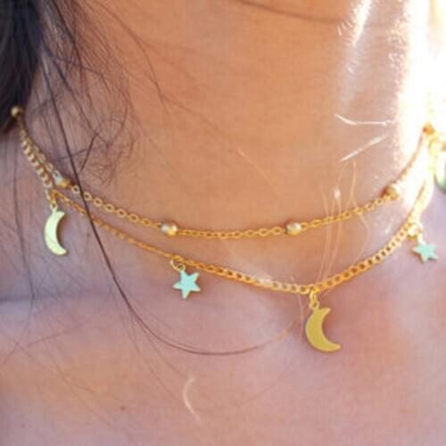 2020 New Fashion Necklace Punk Necklace Gold/silver Color Simple Double Moon Star Short Necklace Sale Acero Inoxidable Mujer