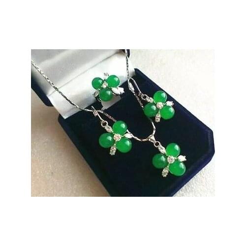 3 Green Jade Beads Flower Earrings Ring(#7.8.9)Pendant Jewelry Sets18K gold plated watch wholesale Quartz stone CZ crystal Jewel
