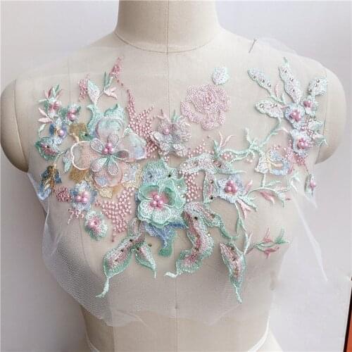 3D Flower Beads Embroidered Wedding Lace Fabric Appliques Sew Patch For Wedding Dress DIY Decor 33*28CM
