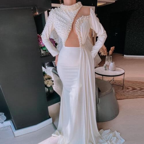 White Moroccan Caftan Evening Dress Asymmetrical Neck A-Line Floor Length Pearls Special Occasion Formal Dubai Prom Dress