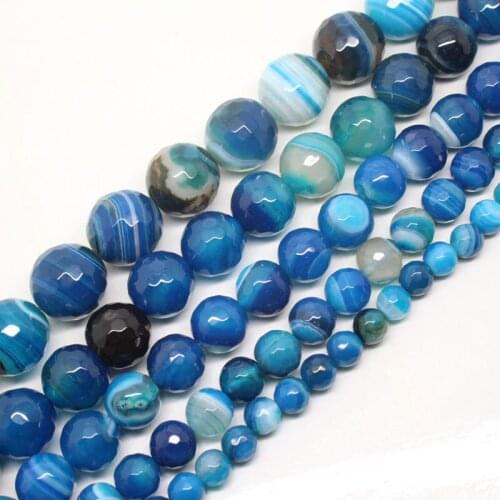 2-16mm Natural Round Faceted Blue Banded Agates Stripe Onyx beads For Jewelry Making Beads 15'' Needlework DIY Beads Trinket