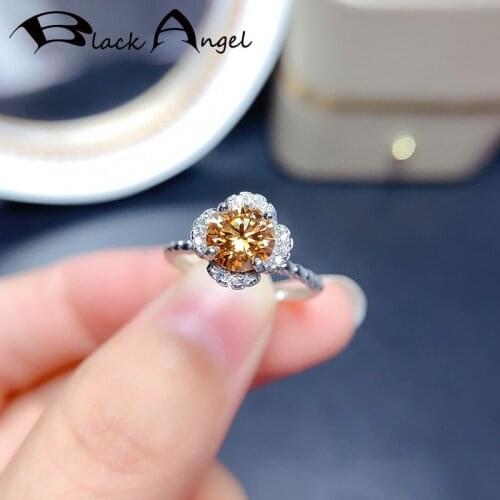 BLACK ANGEL 925 Silver Pavé Flower Shape Exquisite Champagne Morganite CZ Resizable Ring Women Fine Jewelry Wedding Accessories