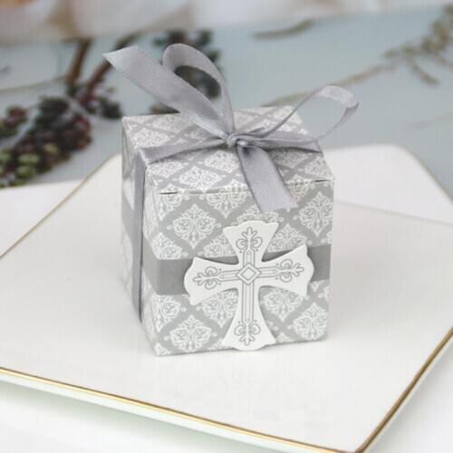 50/100pcs Cross Candy Box With Ribbon Favor And Gift Box For Baby Shower Baptism Birthday Wedding Decoration Party Supplies