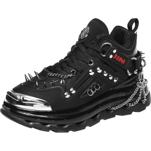 Mens Punk Rock Spikes Studs Metal Chain Platform Bikers Ankle Boots Shoes Motorcycle Genuine Leather Dark Black Unisex New 2020