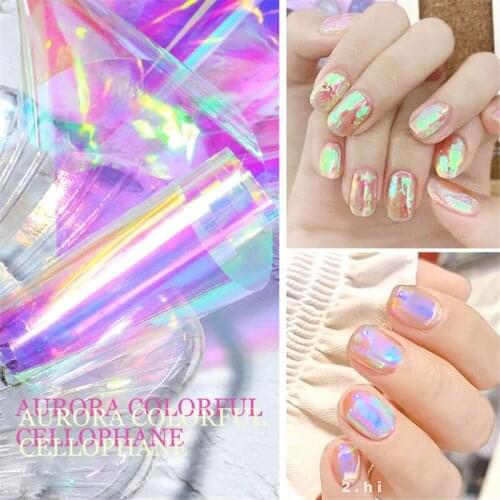 New 5 Color Aurora Ice Cube Cellophane Large Colorful Transfer Paper Laser Sparkling Candy Paper DIY Nail Art Decoration Sticker