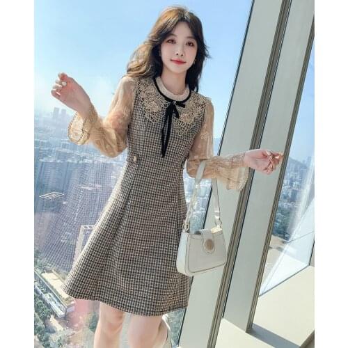 2021 Autumn Lace Patchwork Plaid Dress Womens Long Sleeve Bow Mesh Embroidery Office Ladies Elegant Dress