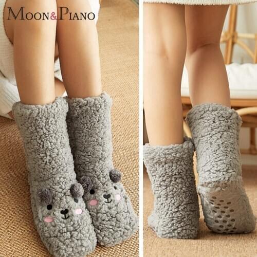Thick Warm Sleep Socks Cute Cartoon Happy Bear Women Non Slip Warm Cute Casual Coral Fleece Sock for Girlfriend Christmas Gifts