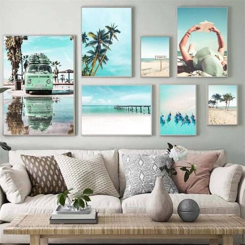 Beach Coconut Tree Canvas Poster Nature Seascape Painting Girl Print Car Boat Landscape Wall Art Pictures Living Room Home Decor