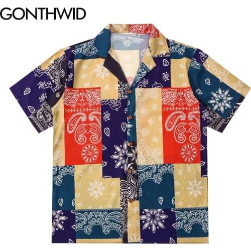 GONTHWID Hawaiian Beach Shirts Harajuku Bandana Paisley Pattern Print Color Block Shirt Streetwear Tropical Short Sleeve Tops
