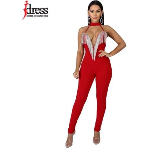 IDress Sexy Summer Red Tassel Jumpsuit Women V Neck Backless Rhinestone Jumpsuits Nightclub Stretch Singer Dancer Party Outfits