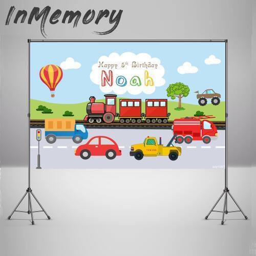 Vinyl Train Cars Vehicle theme Photography Backdrop Hot Air Balloon Boys Birthday Backdrop Photo Studio Party Decorations Banner