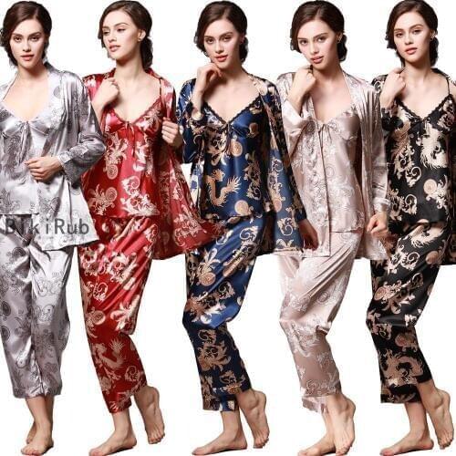 2020 Women Silk Pajamas Female 3 Pieces Satin Pajamas Sets Autumn Spring Sleepwear Summer Long Sleeve Homewear Printed Nightwear
