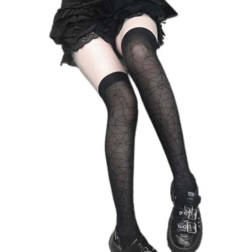 649D Women Gothic Punk Halloween Spider Web Knee High Socks Japanese Lolita Ruffles Lace Bowknot Black Stockings Cosplay Hosiery