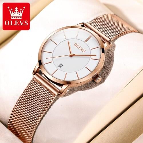 OLEVS New Fashion Casual Mesh Steel Rose Gold White Face Ultra Thin Dial Womens Alloy Wear Resistant Waterproof Luminous Watch