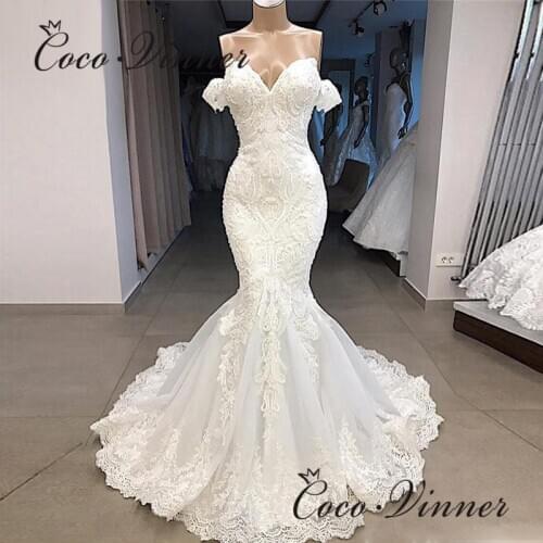Off Shoulder Pearls beading Mid east Quality Mermaid Wedding Dress Lace Appliques Zipper back Plus Size Wedding Gown W0713