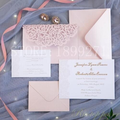 50pcs Blush Pink Rose Hollow Invitations Card with envelope invitaciones de boda Wedding Invitations For invited Wedding Cards
