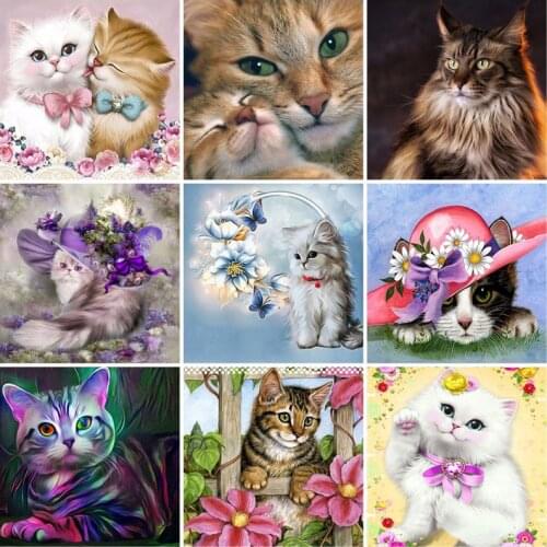 Cat DIY 5D Diamond Painting Full Round Resin Animal Flower Diamond Embroidery Mosaic Cross Stitch Rhinestone Wall Art Home Decor