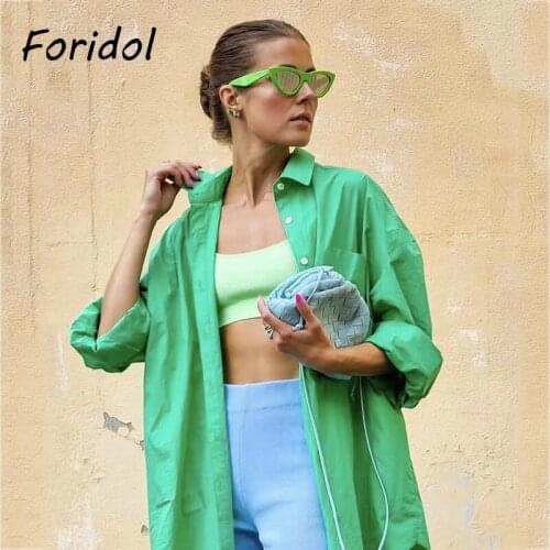 Foridol Oversized Streetwear Blouse Shirts Cotton Spring Autumn Button Casual Green Pocket Shirts Plus Size Harajuku Blusa Mujer