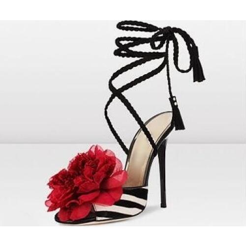 Sexy Black White Strpied Flower Sandals Peep Toe High Heeled Ankle Strap Ladies Dress Shoes High Quality Ladies Summer Shoes