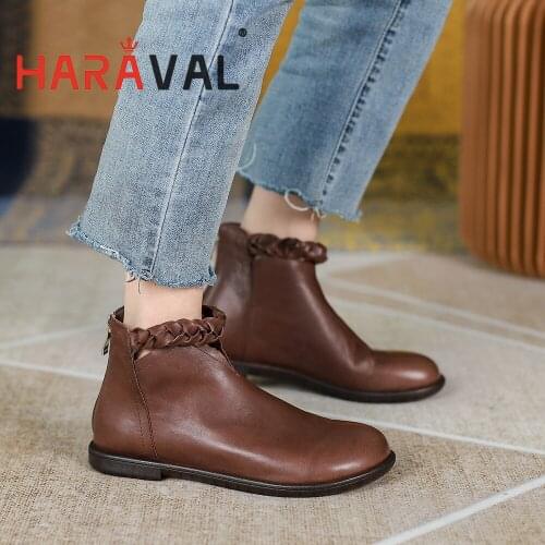 HARAVAL Ankle Boots Shoes Elegant Spring Autumn Round Toe Brown Black Work & Safety Genuine Leather Round Toe Solid Shoes E350L