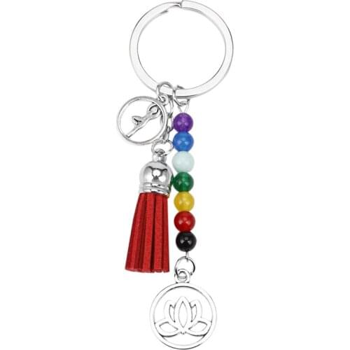 Keychain Adorned with 7 Chakra Beads Energy Stones Lotus Flower and Tassels Pendant Creative Gift for Friends