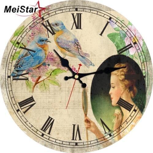 MEISTAR Vintage Girl With Birds Clocks Brief style Design Silent Elegant Living Office Room Home Decor Watches Wall Clocks Gift