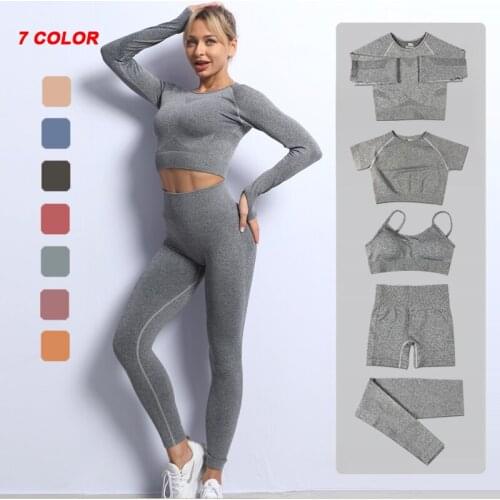 2/3/5PCS Seamless Yoga Set Workout Sportswear Women Gym Clothing Fitness Crop Top High Waist Leggings Long Sleeve Sports Suits