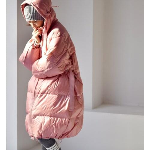 MICOCO Y1250C Korean version fashion leisure loose glossy White duck down hooded long Down jacket