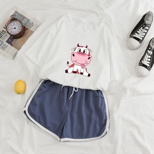 Cute Pajamas for Women Cow Print 2021 Pyjamas Women Short Sleeve Sleepwear Kawaii Pijamas Women Aesthetic Summer Home Clothes
