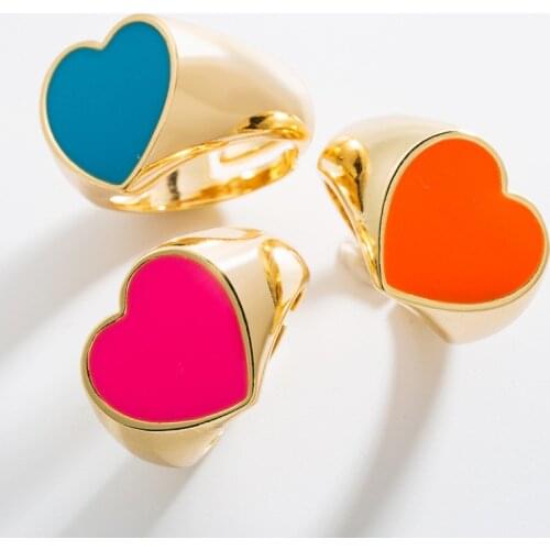 Minar Trendy Adjusting Colorful Enamel Love Heart Charm Rings for Women Brass Gold Color Wide Chunky Ring Personality Jewelry