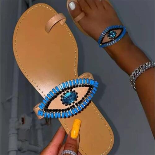 Fashion Rhinestone Eye Womens Flat Sandals Summer Clip Toe Flip Flops Sweet Cute Crystal Beach Footwear Chaussons Femme