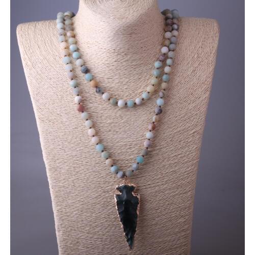MOODPC Fashion 130cm Long Knot Amazonite Stones Arrowhead Pendant Necklace Handmade Women Natural Stone Bead Necklace