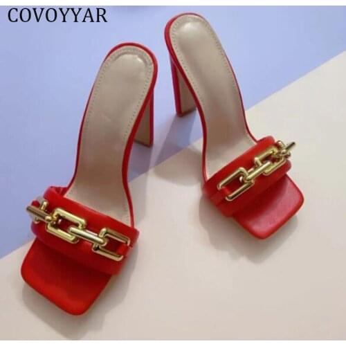 COVOYYAR Mules Women Thick High Heels Summer Shoes for Women 2021 Metal Decoration Slides Slip-on Ladies Pumps WSL208