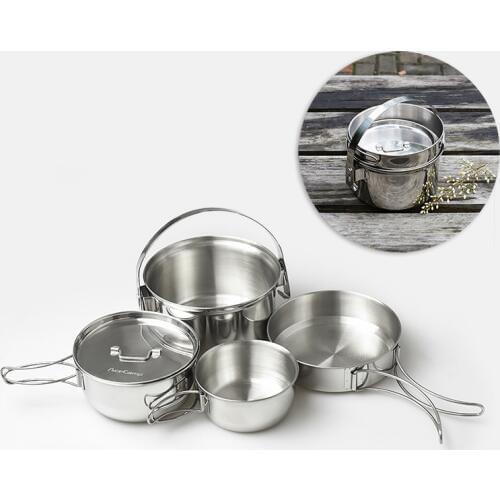 Stainless Steel Cookware Set Pot Outdoor Portable Kitchen Utensils Cutlery Kit Mesh Bag Camping Hiking Picnic Cooking Tool Sets