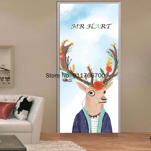 3D Lion Deer Owl PVC Adhesive Wallpaper Waterproof Cartoon Animals Door Stickers For Bedroom Living Room Mural Decals 77x200cm