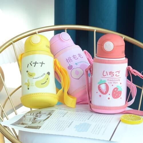 OAPE 400ML Simple Cute Fruit Cartoon Printing Childrens Lid Straw Anti-Scalding Thermos Cup Cover Portable Vacuum Flask