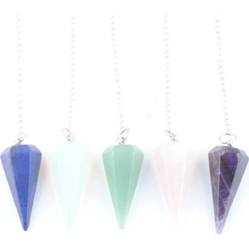 Wholesale 5Pcs Mixed Women Natural Healing Stone Jewelry Reiki Pyramid Hexagonal Pendulum Chain Pendant Amulet Classic QBN436