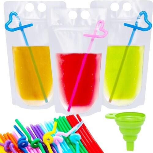10/50/100Pcs Drink Pouches With Straw Juice Pouches Bags with Drink Straws Reclosable Zipper for Cold & Hot Drinks with Straws