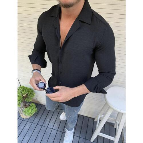 Streetwear Mens Shirts 2019 Men Slim Fit Solid Shirts Long Sleeve High Quality Men Shirt Male New Fashion Lapel Tops Tunic Shirt