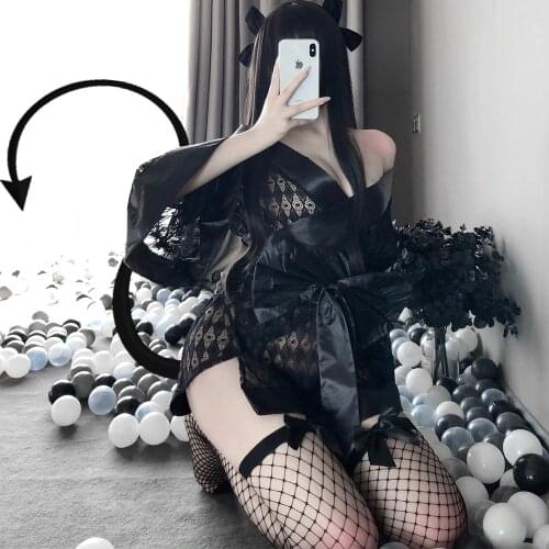 Girls Sexy Cosplay Costumes Japanese Kimono Erotic Dress Black Miniskirt with Thong Women Sexy Lolita Role Play Outfit