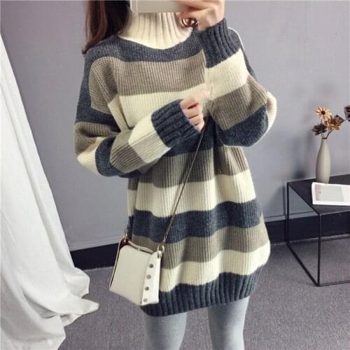 Zoki Stripe Warm Sweater Patchwork Loose Pullover Slim Fit Knitting Sweater Long Sleeves Top Korean Street Wear Autumn New 2021