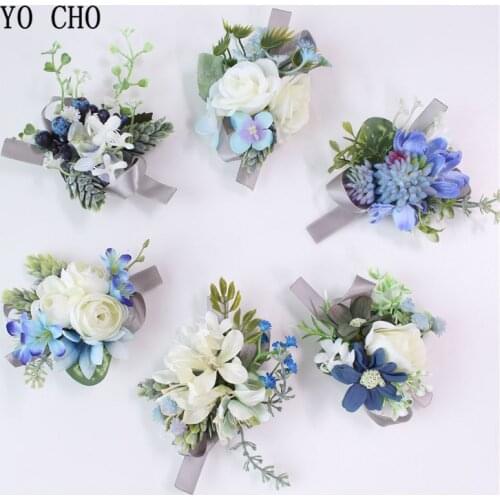 YO CHO Artificial Silk Wedding Flower Groom Boutonniere Bride Wrist Corsage White Blue Rose Orchid Berry Prom Party Decorations