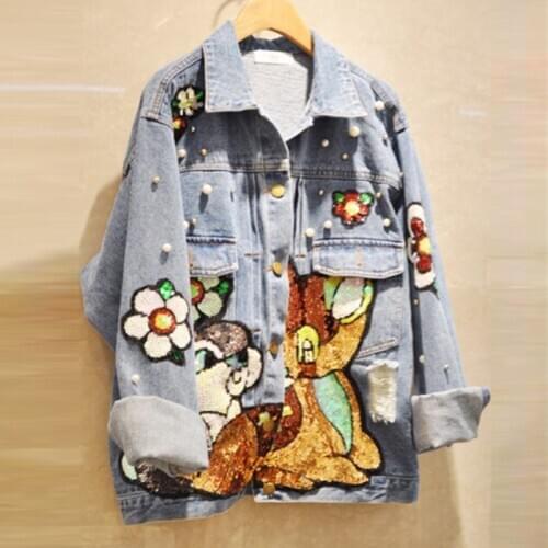 Cartoon Sequins Embroidered Denim Jacket Women Spring 2021 New Korean Style Student Leisure Loose Jeans Jacket Coats Overcoat